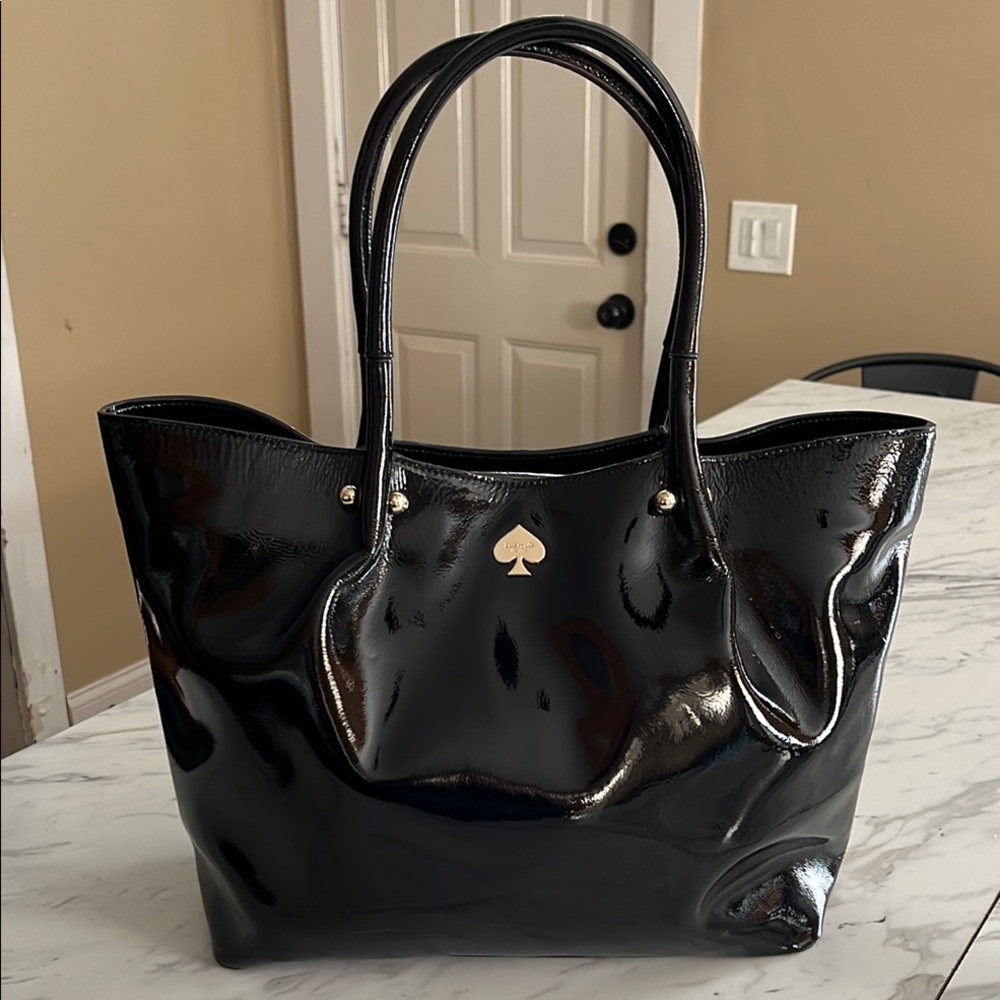 Kate Spade Black Glossy Tote Bag with Gold Hardware